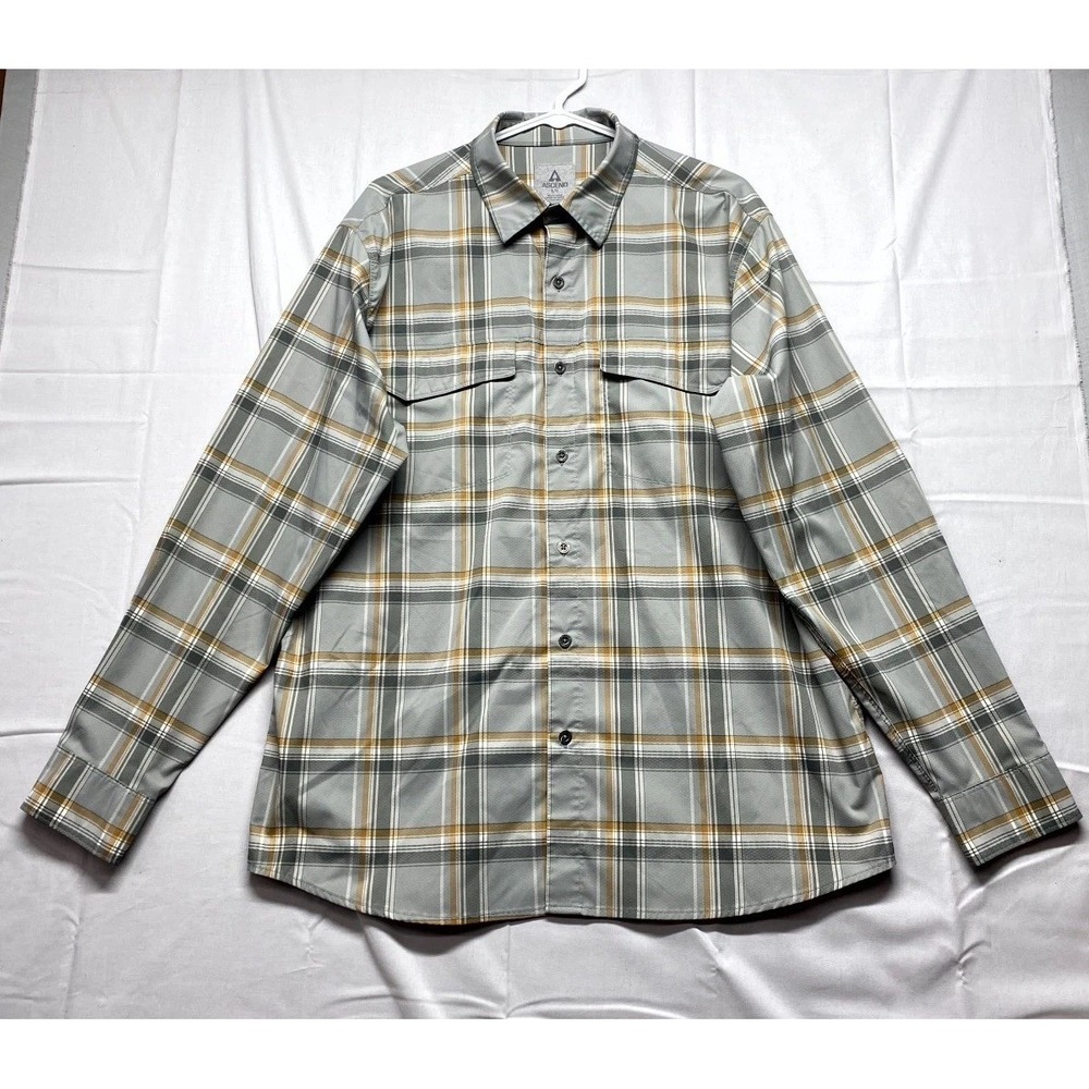 Ascend Shirt Mens Large Gray Textured Plaid Stretch Long Sleeve Casual Button Up